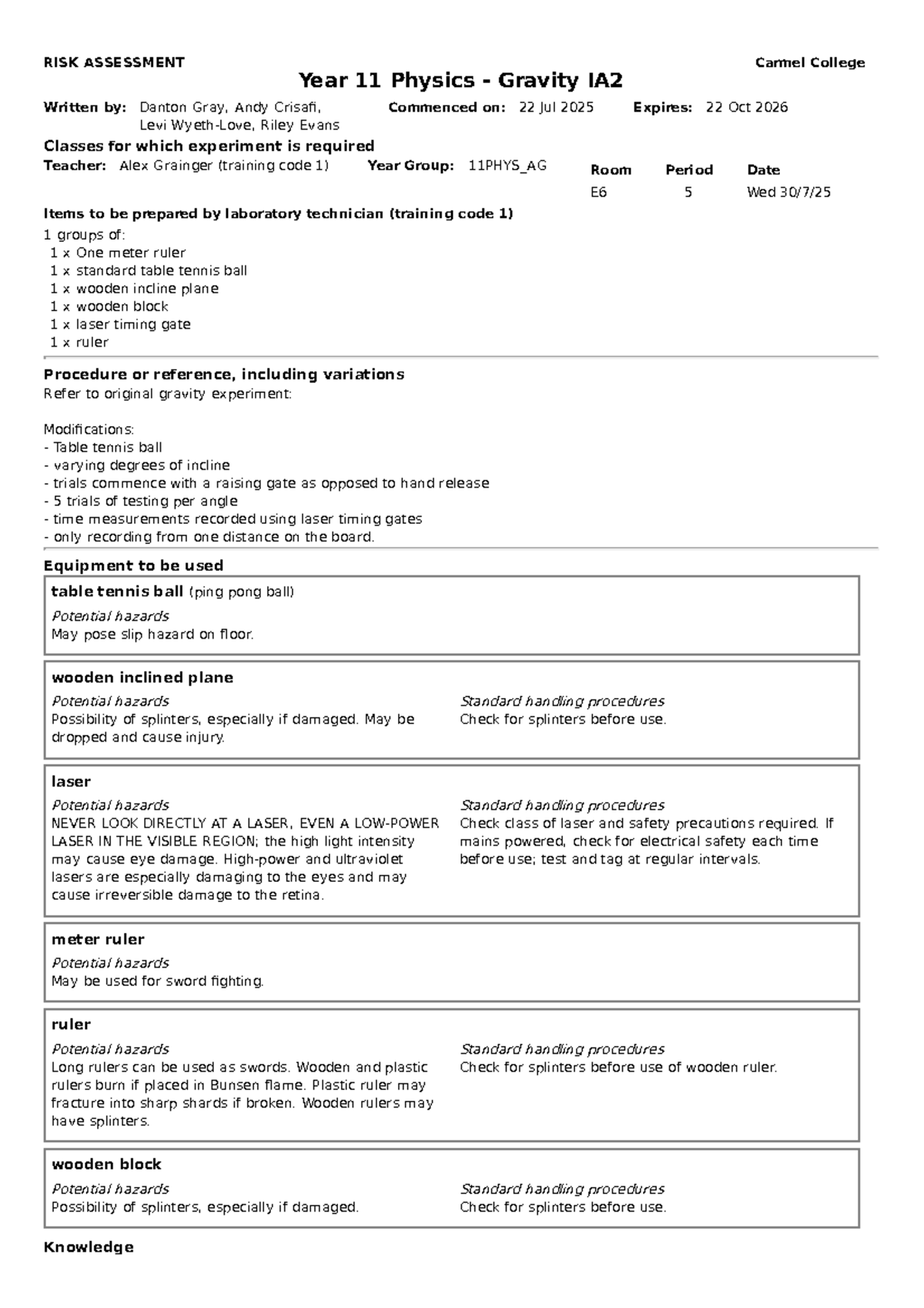 Year 11 Physics IA2: Gravity Experiment Risk Assessment - Studocu