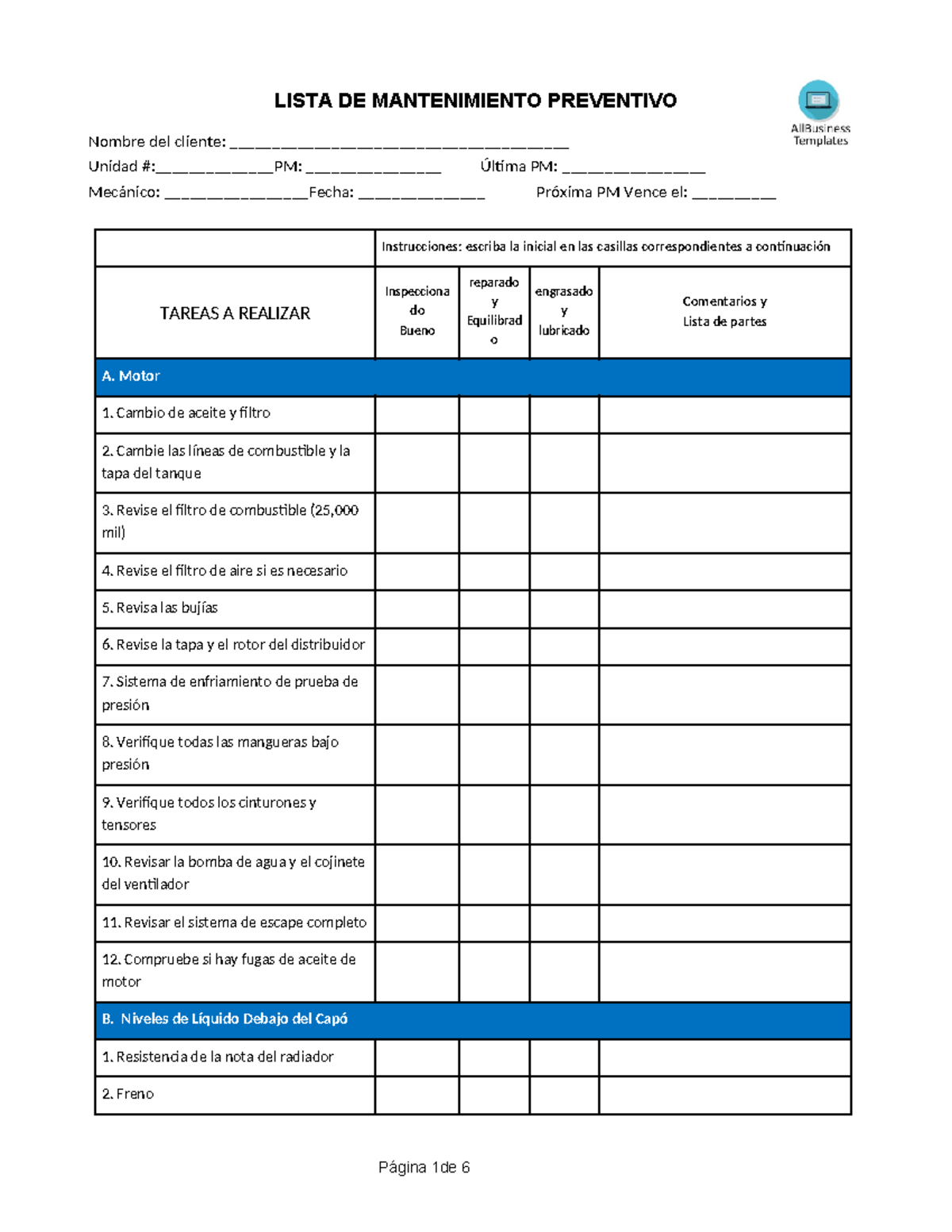 Lista de Mantenimiento Preventivo - PM Checklist - Document Preview