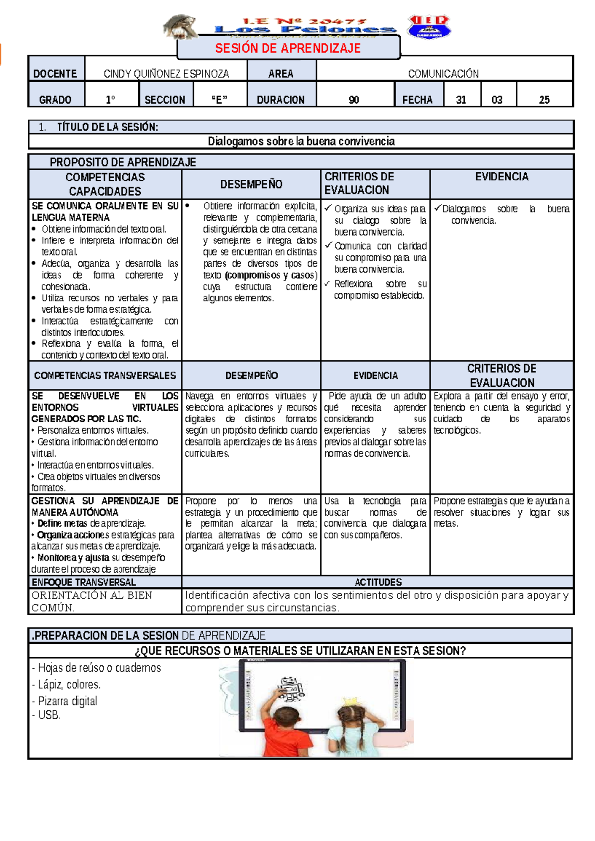 SESION DE APRENDIZAJE COMU 31-03: BUENA CONVIVENCIA EN EL AULA - Studocu