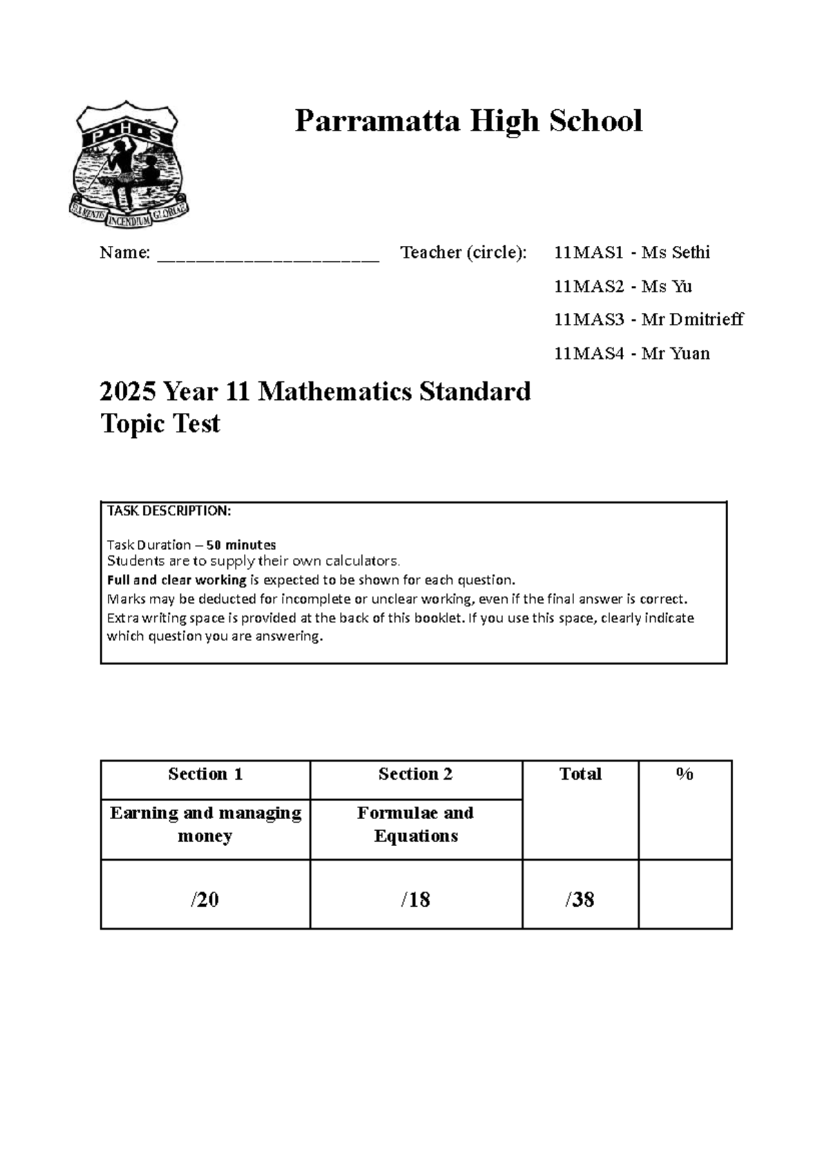 11MAS1 Year 11 Mathematics Standard Topic Test 2025 - Studocu