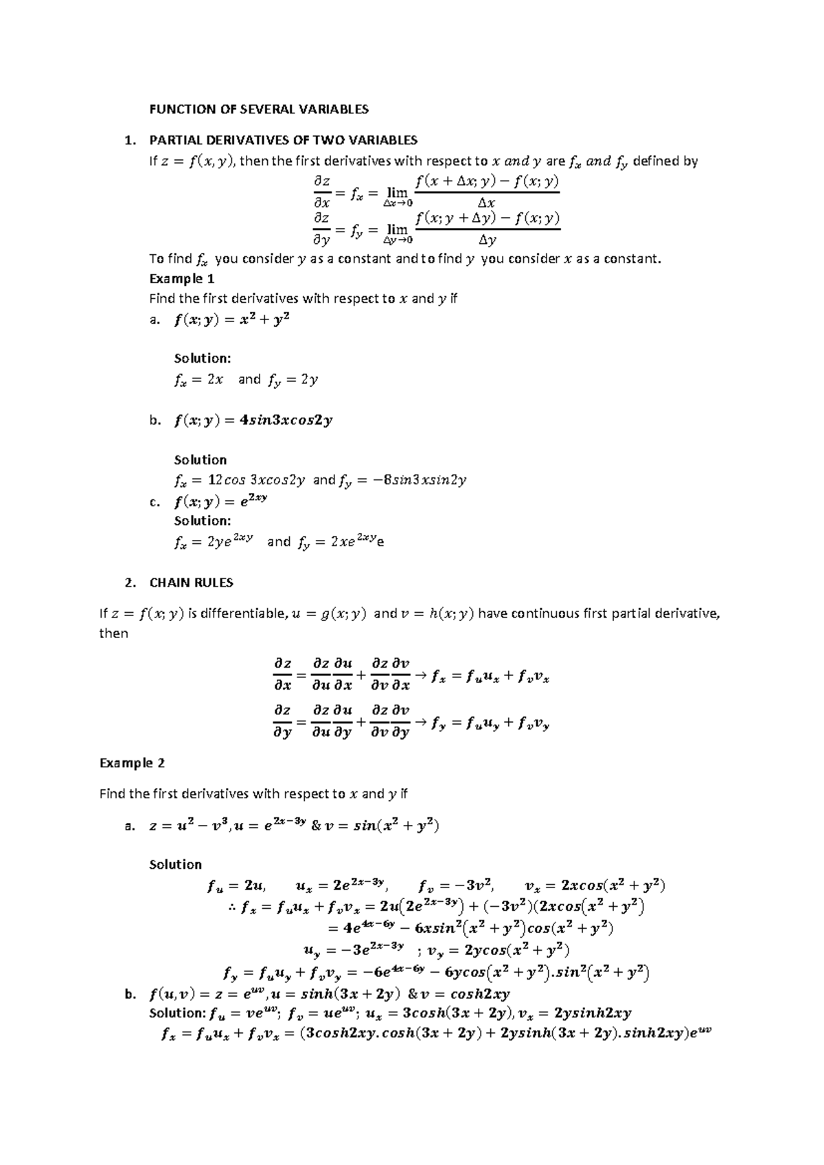 Functions of Several Variables: Partial Derivatives and Chain Rules ...