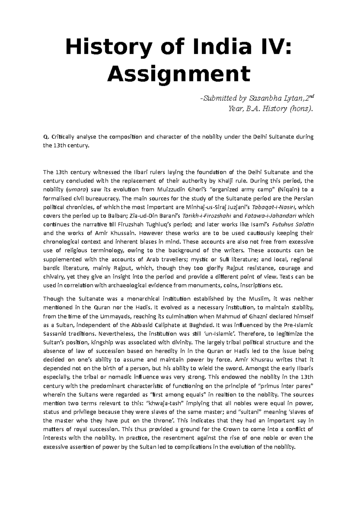 13th Century Nobility - History of India IV: Assignment -Submitted by ...
