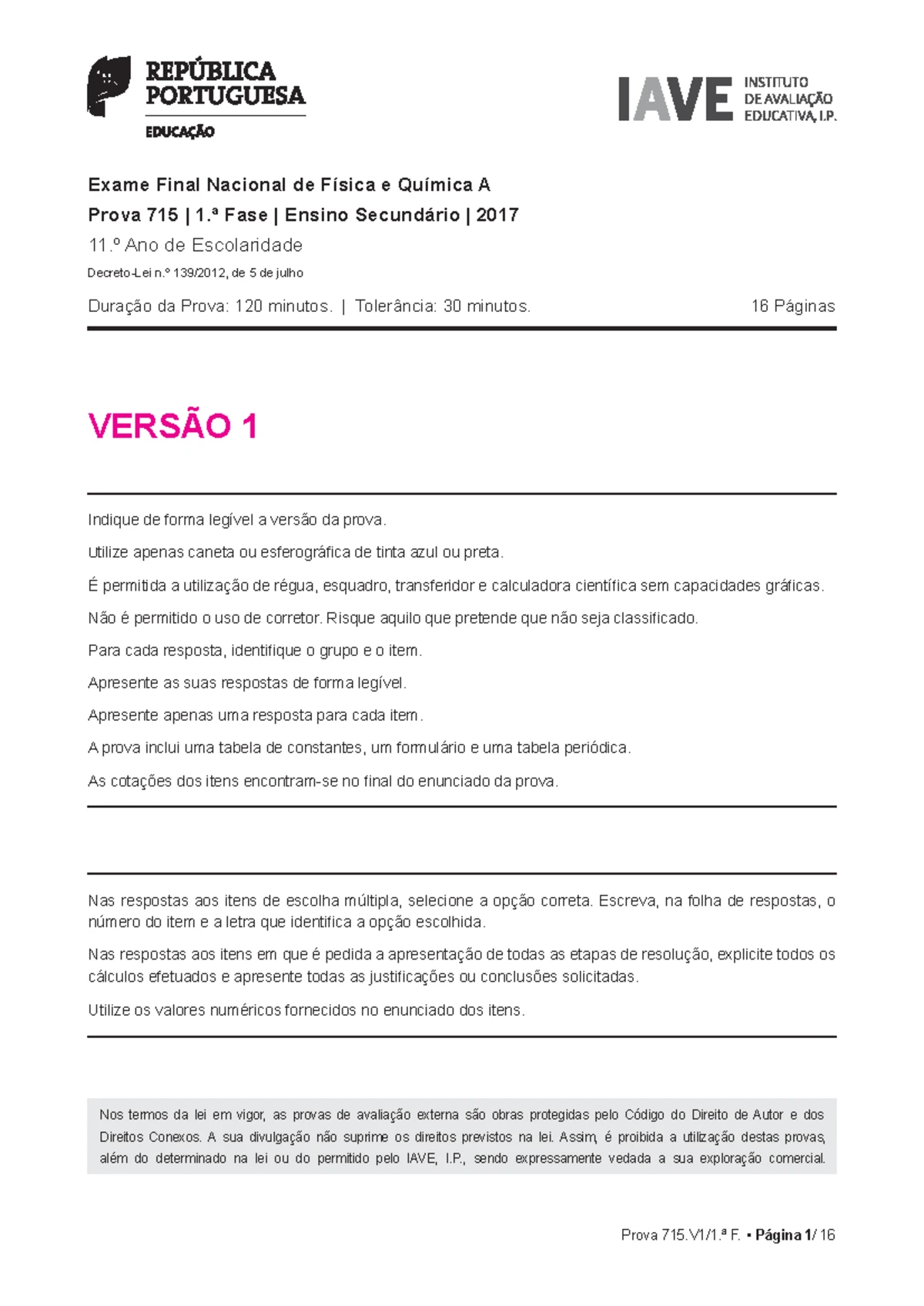 2019 - exame fq - Exame Final Nacional de Física e Química A Prova 715 ...