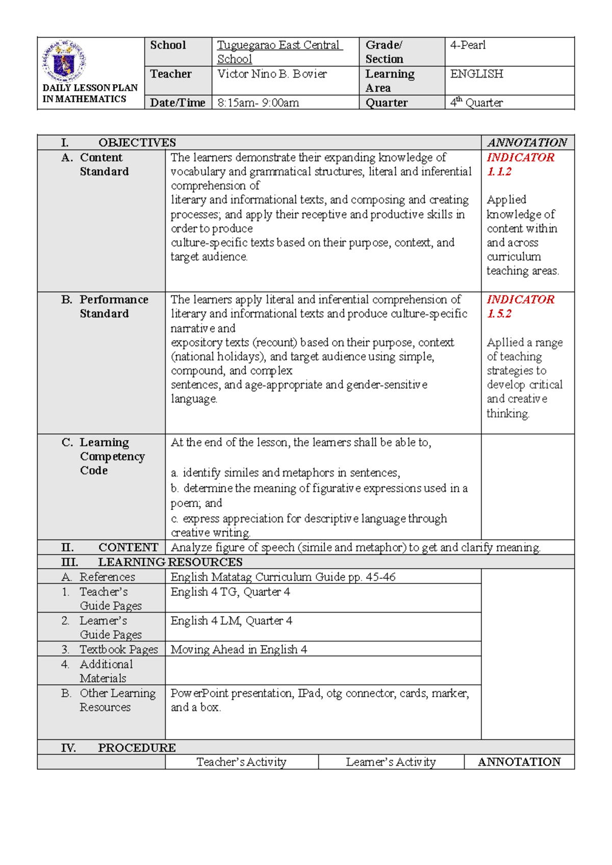 Mathematics Daily Lesson Plan: Similes and Metaphors in English 4 - Studocu