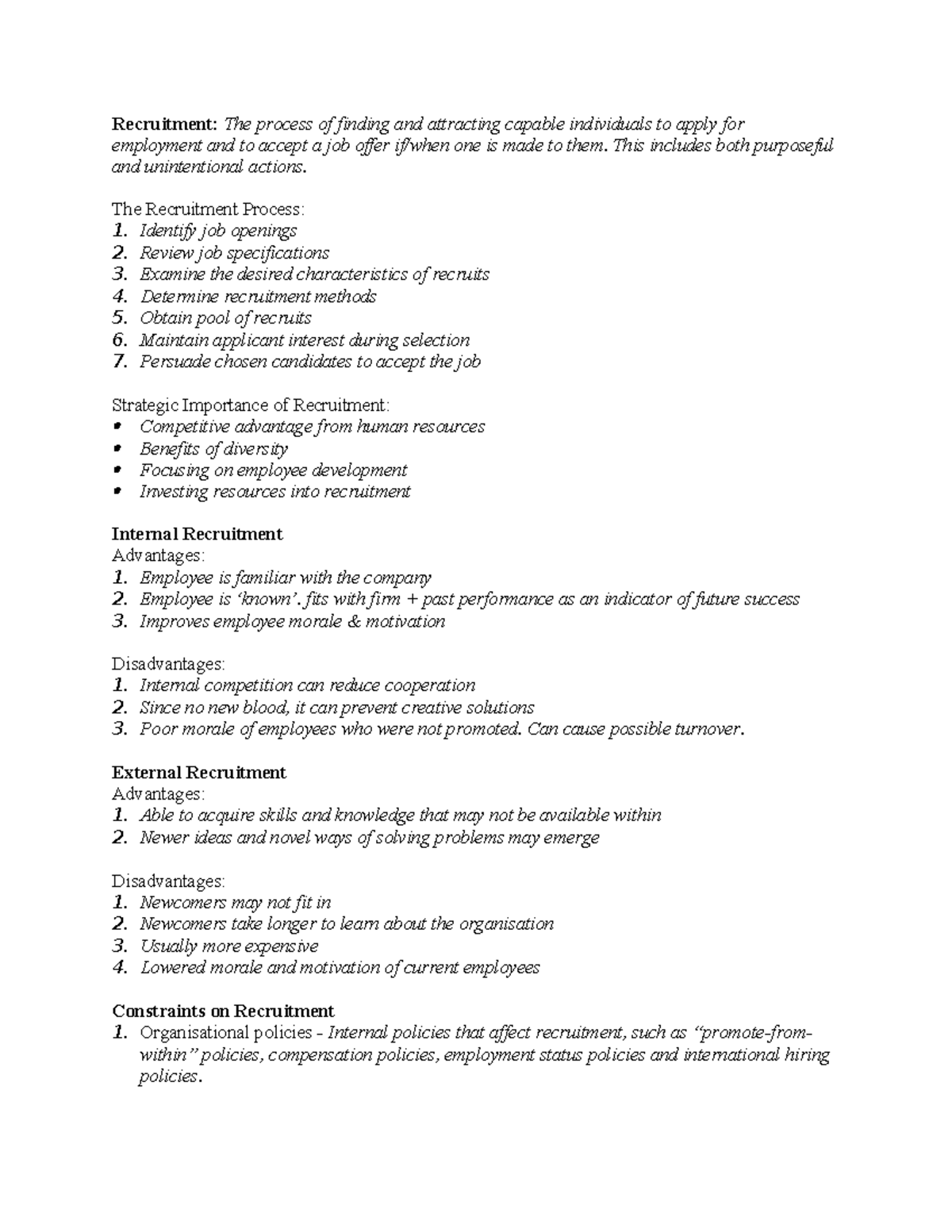 Chapter 5 Notes on Recruitment Strategies - HRM 4003 - Studocu