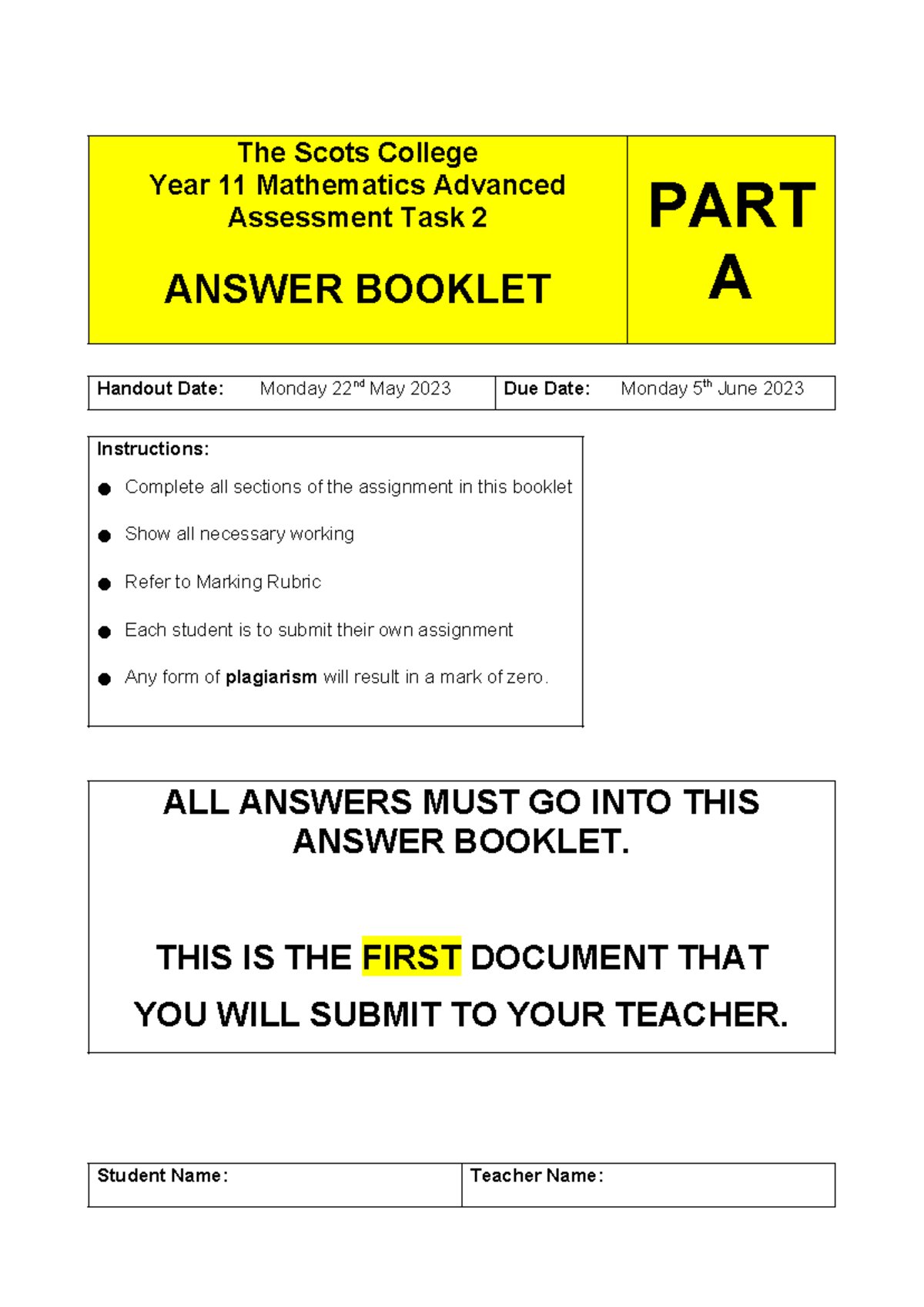 Year 11 Maths Adv - Task 2 - Complete Answer Booklet 2023 - Studocu