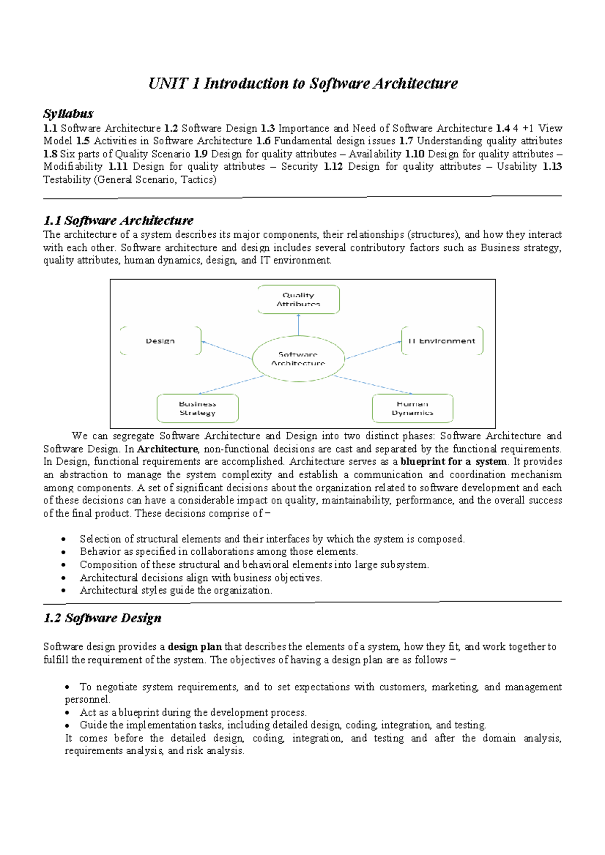 UNIT 1 Introduction to Software Architecture - UNIT 1 Introduction to ...