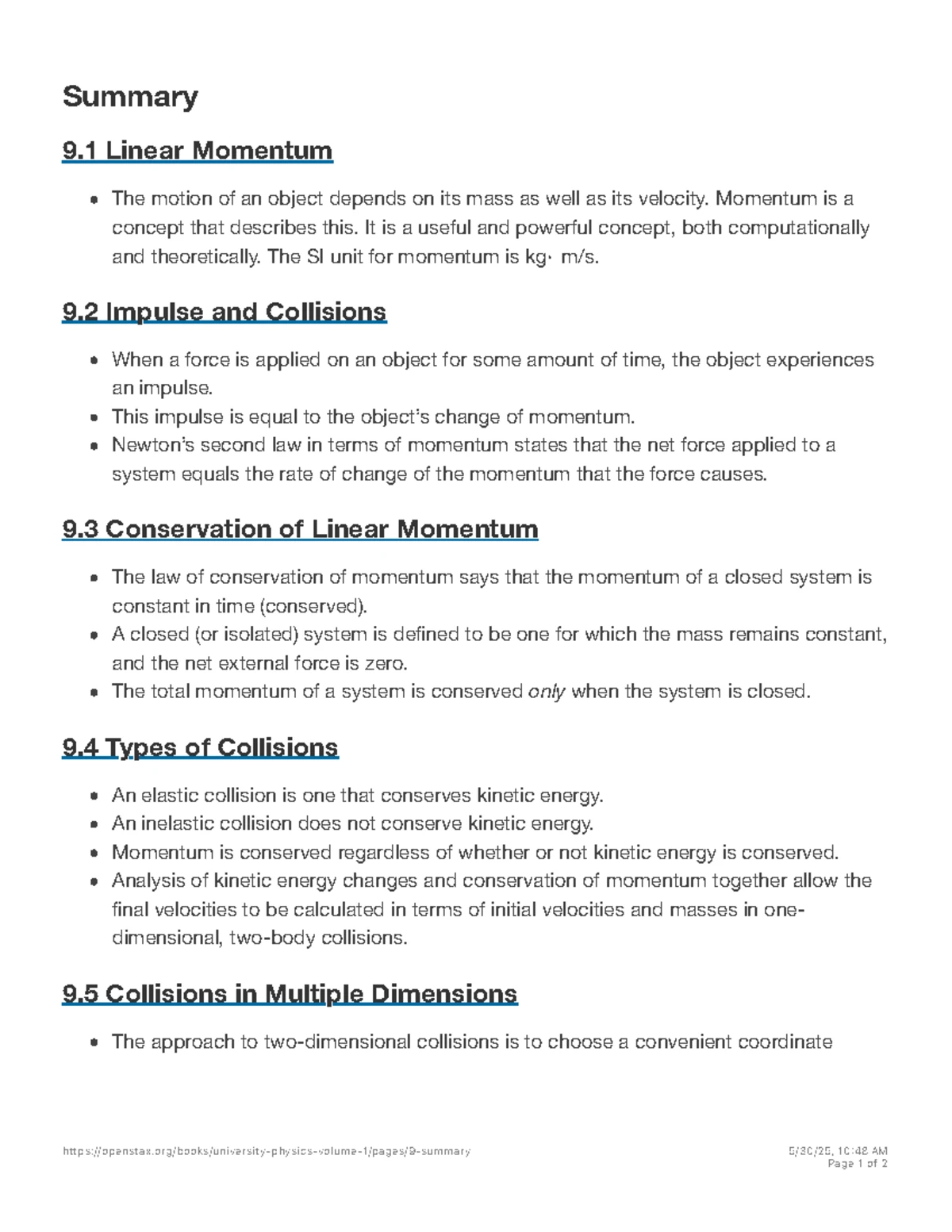 Ch. 9 Conceptual Questions on Linear Momentum and Impulse - Studocu