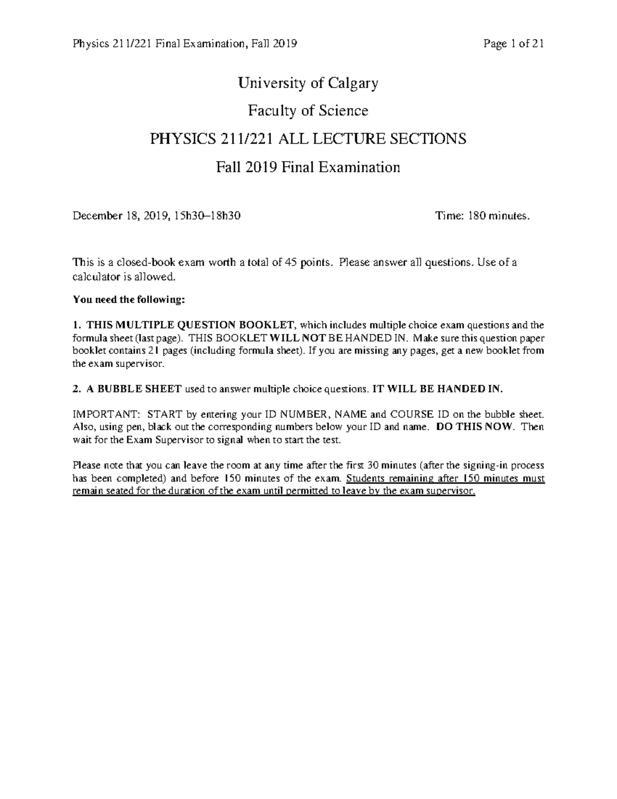 F2019 Final Exam PHYS 211 221 WITH Answers - University of Calgary ...