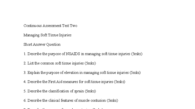 Continuous Assessment Test 2: Managing Soft Tissue Injuries - Studocu
