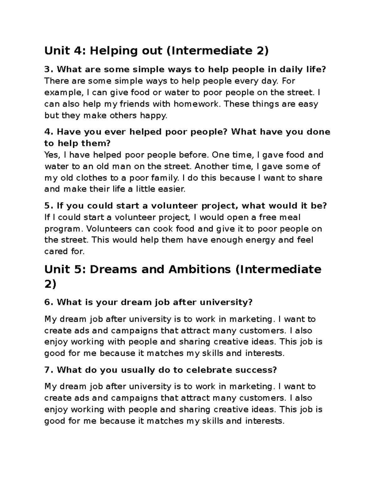 Unit 4: Helping Out & Volunteer Ideas (Intermediate 2) - Studocu