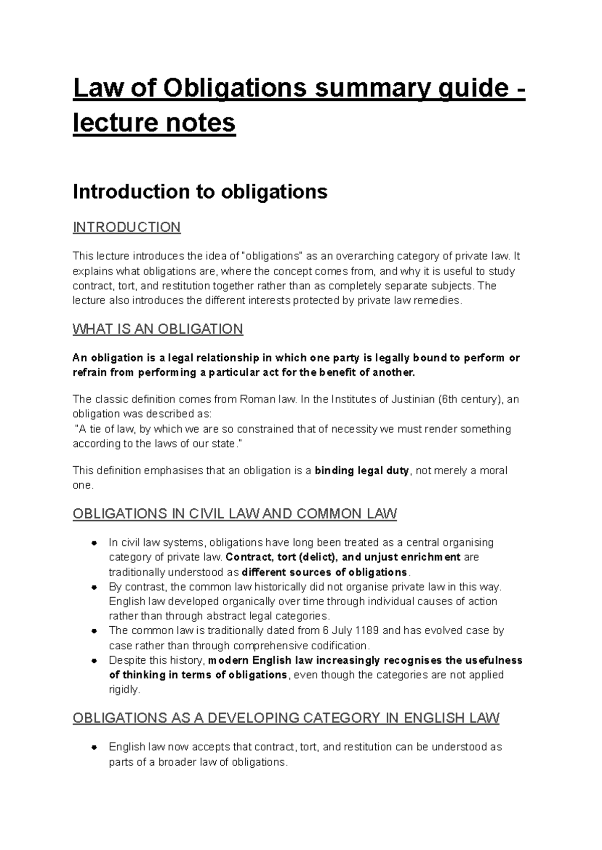 Law of Obligations (LAW101) Lecture Notes Summary Guide - Studocu