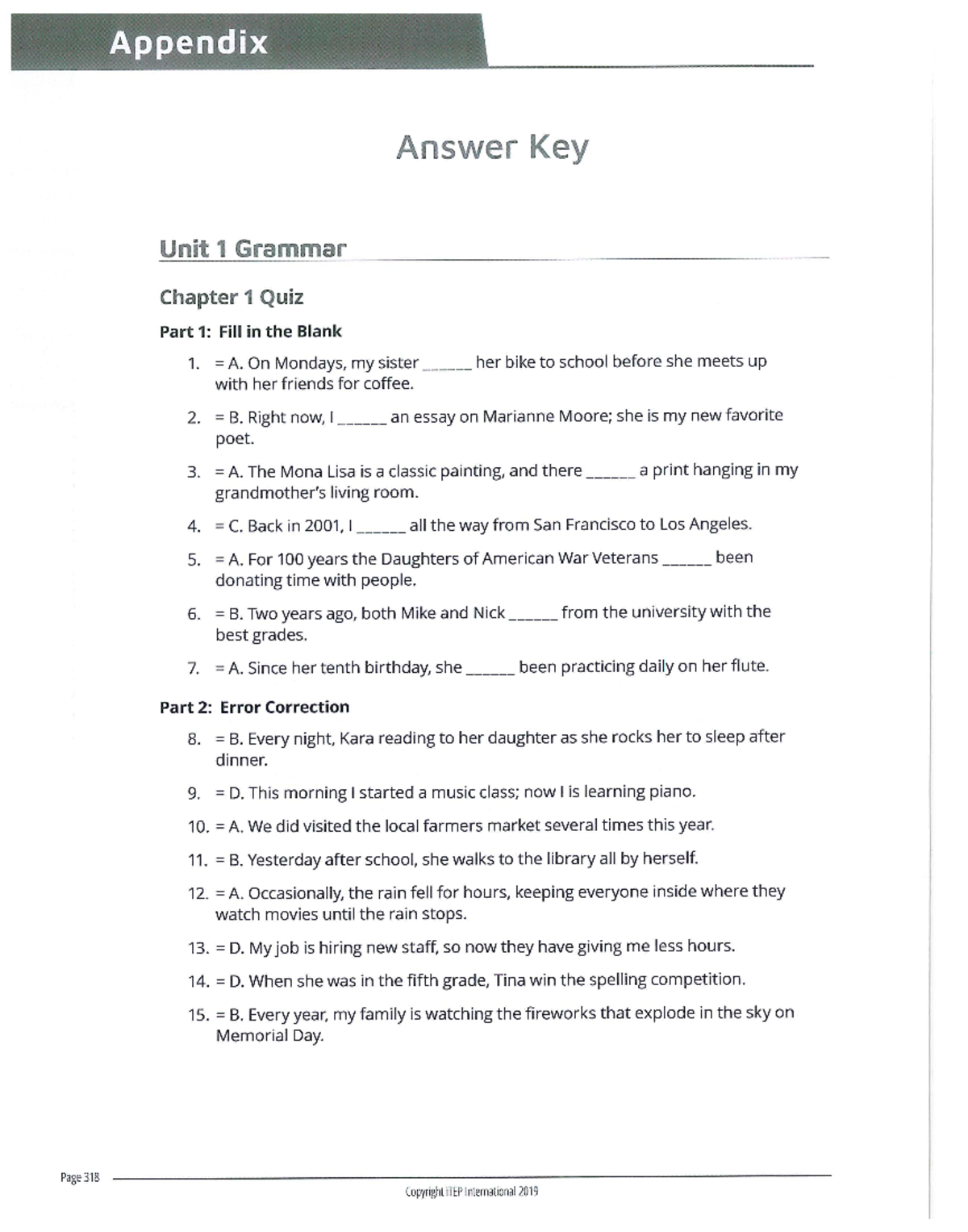 I TEP answers - I tep answer - Appendix Answer Key Unit 1 Grammar ...