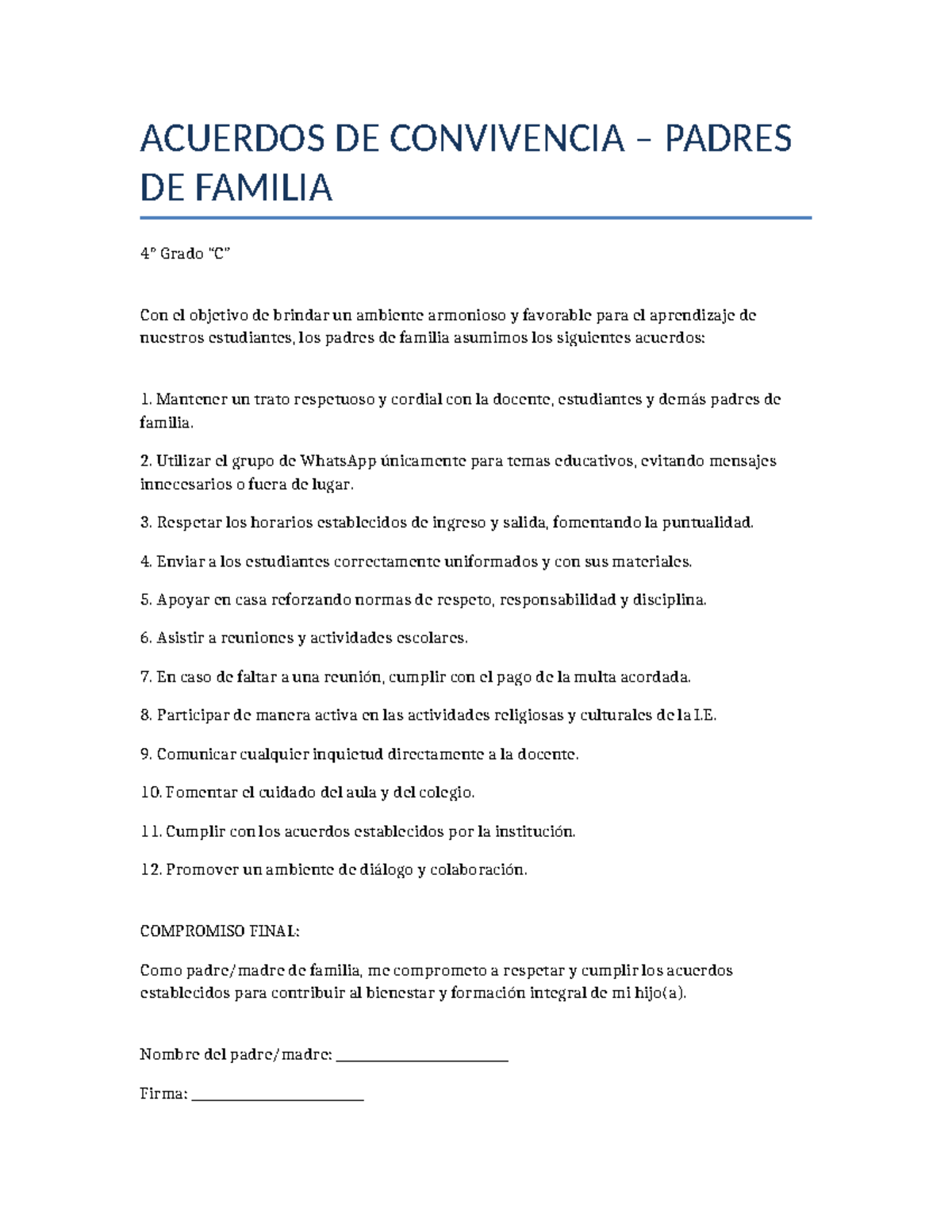 ACUERDOS DE CONVIVENCIA PADRES DE FAMILIA - Grado Actualizado - Studocu