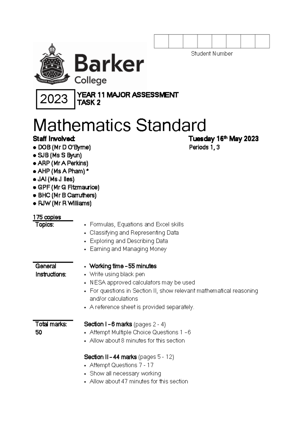 Year 11 Mathematics Standard Major Assessment Task 2 - 2023 - Studocu