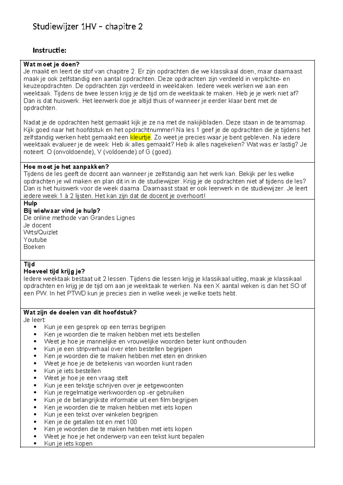 Studiewijzer 1HV: Hoofdstuk 2 - Instructies en Evaluaties - Studeersnel