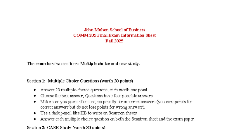 COMM 205 Final Exam Info Sheet - Fall 2025 - Studocu