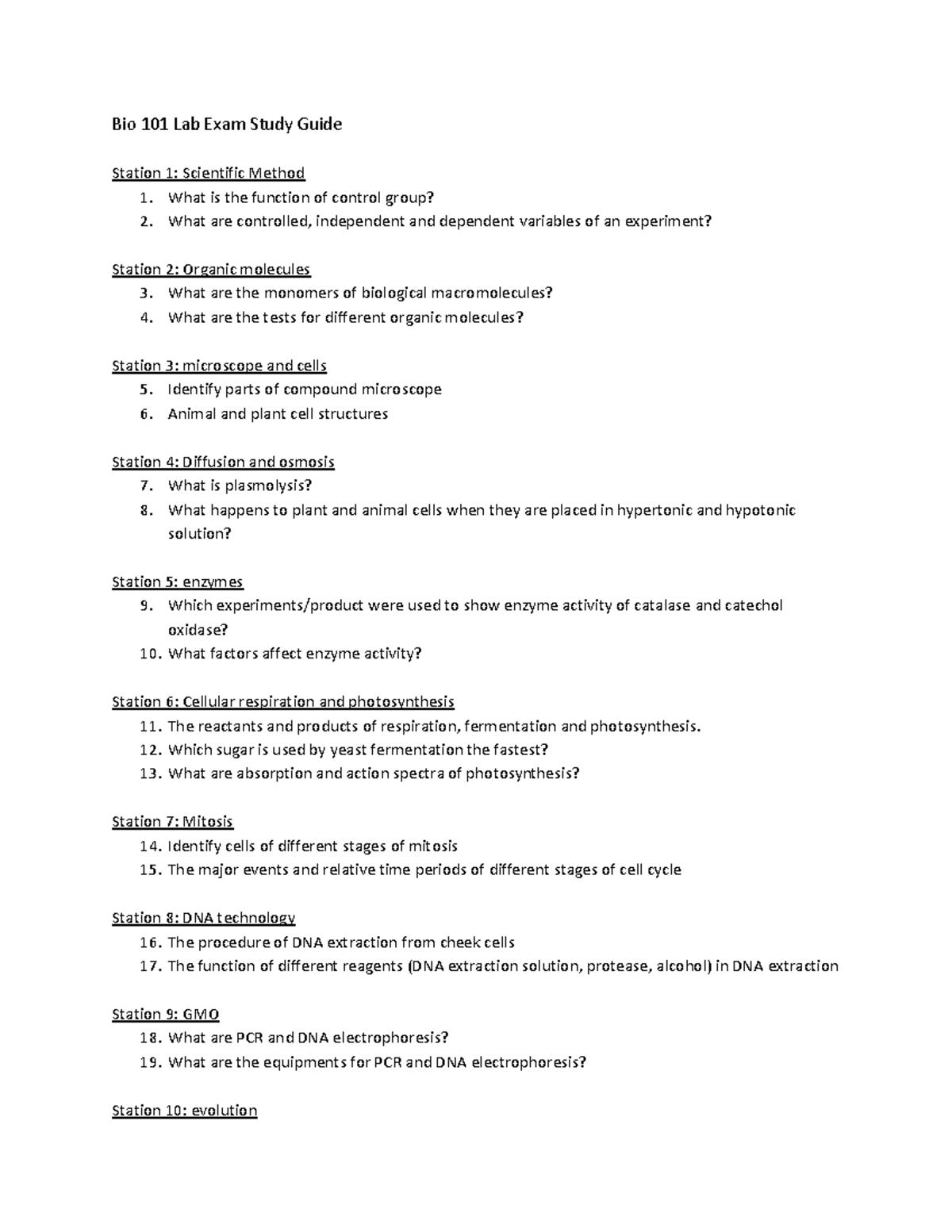 BIO101 Lab Exam Study Guide for Fall 2018 - Studocu