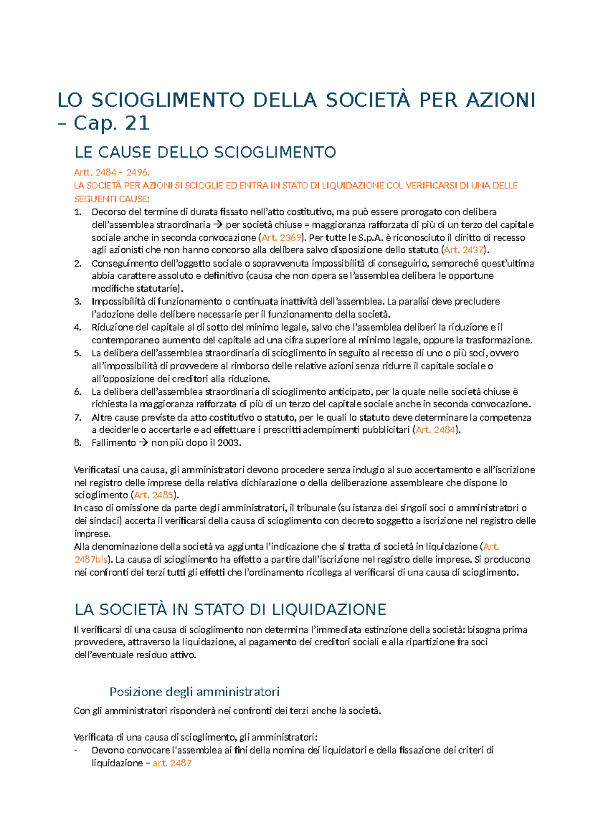 LO SCIOLGIMENTO DELLA SOCIETÀ PER AZIONI - Cap. 21 e Articoli 2484-2496