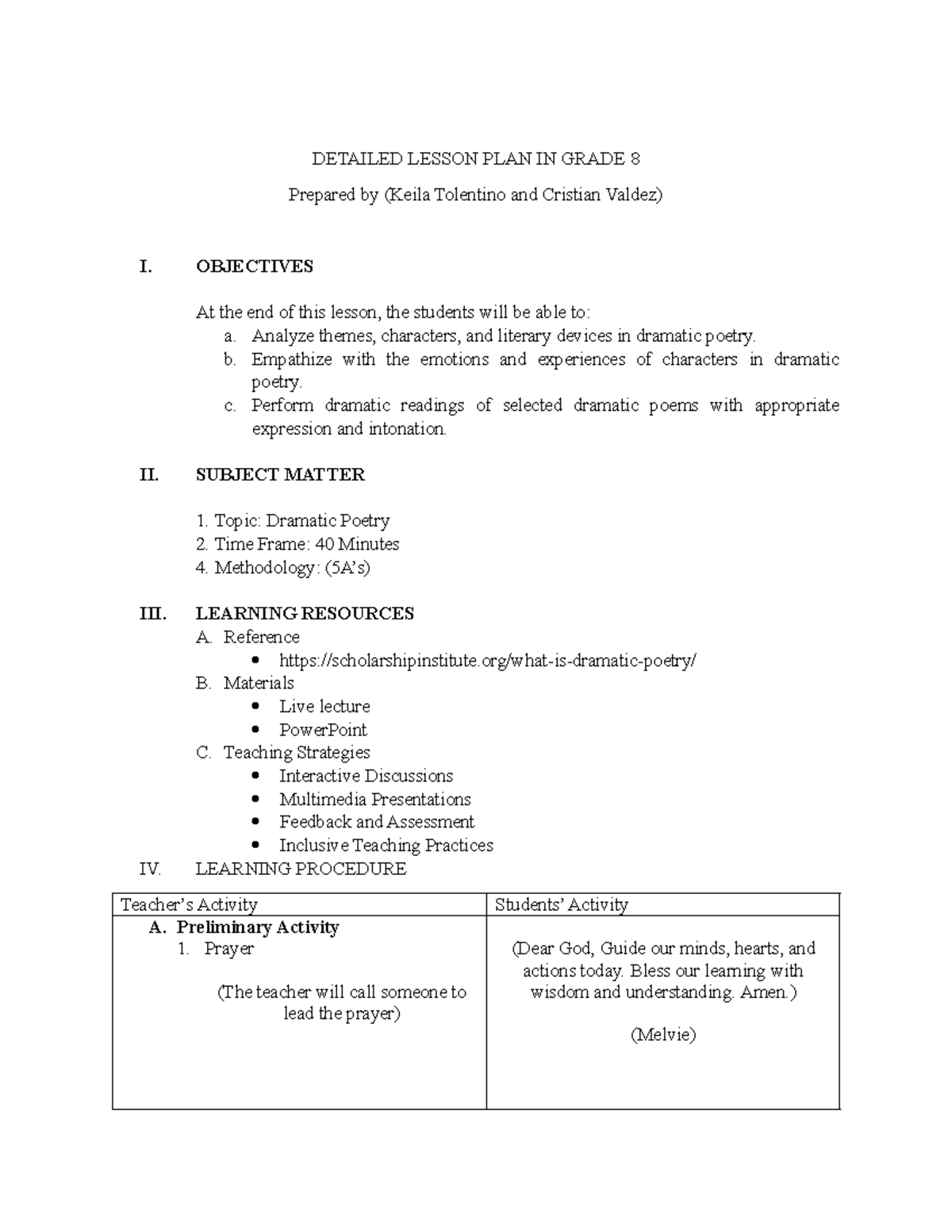 Detailed Lesson Plan on Dramatic Poetry (Grade 8) by Valdez & Tolentino ...