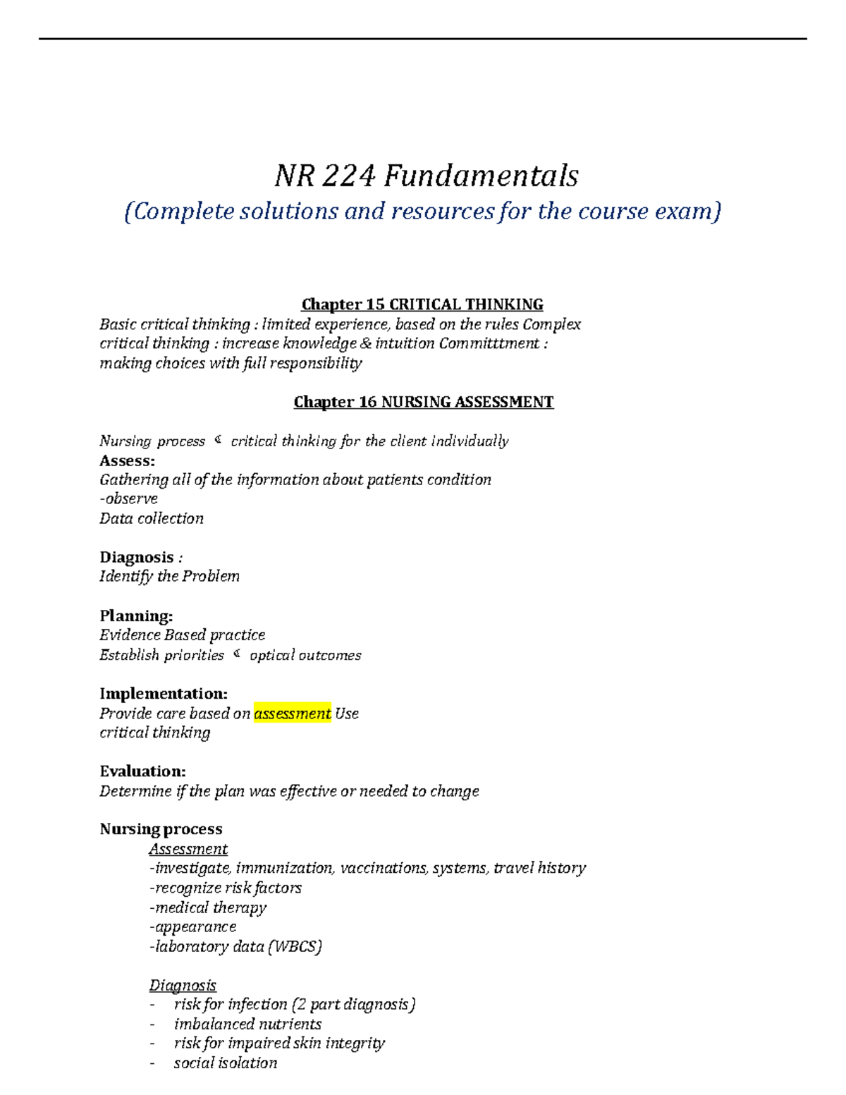 NR 224 Fundamentals Exam 1 Study Guide and Critical Thinking Notes ...