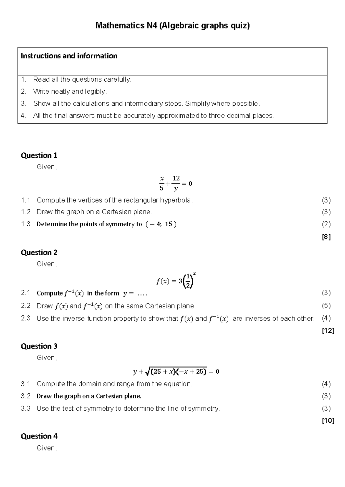 Mathematics N4 Quiz 4 - Algebraic Graphs Activities - Studocu