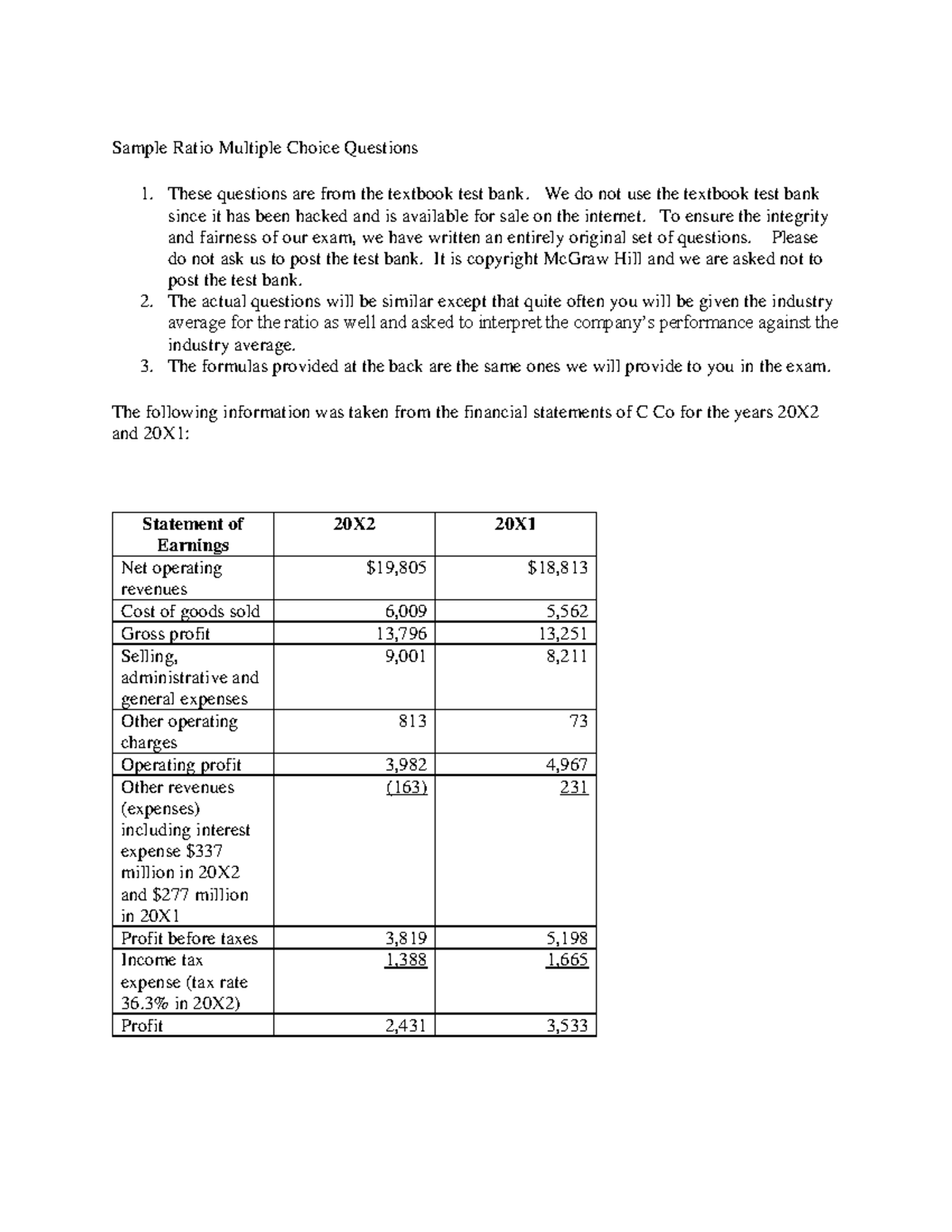Ratio MCQ Practice Questions for Financial Analysis (ACC 101) - Studocu