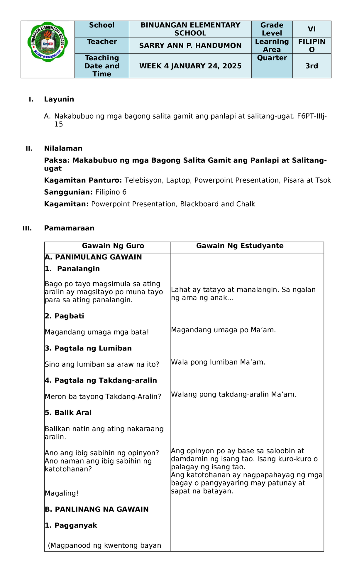CO FIL6 January SAI - Sample Lesson plan in Filipino - School BINUANGAN ...