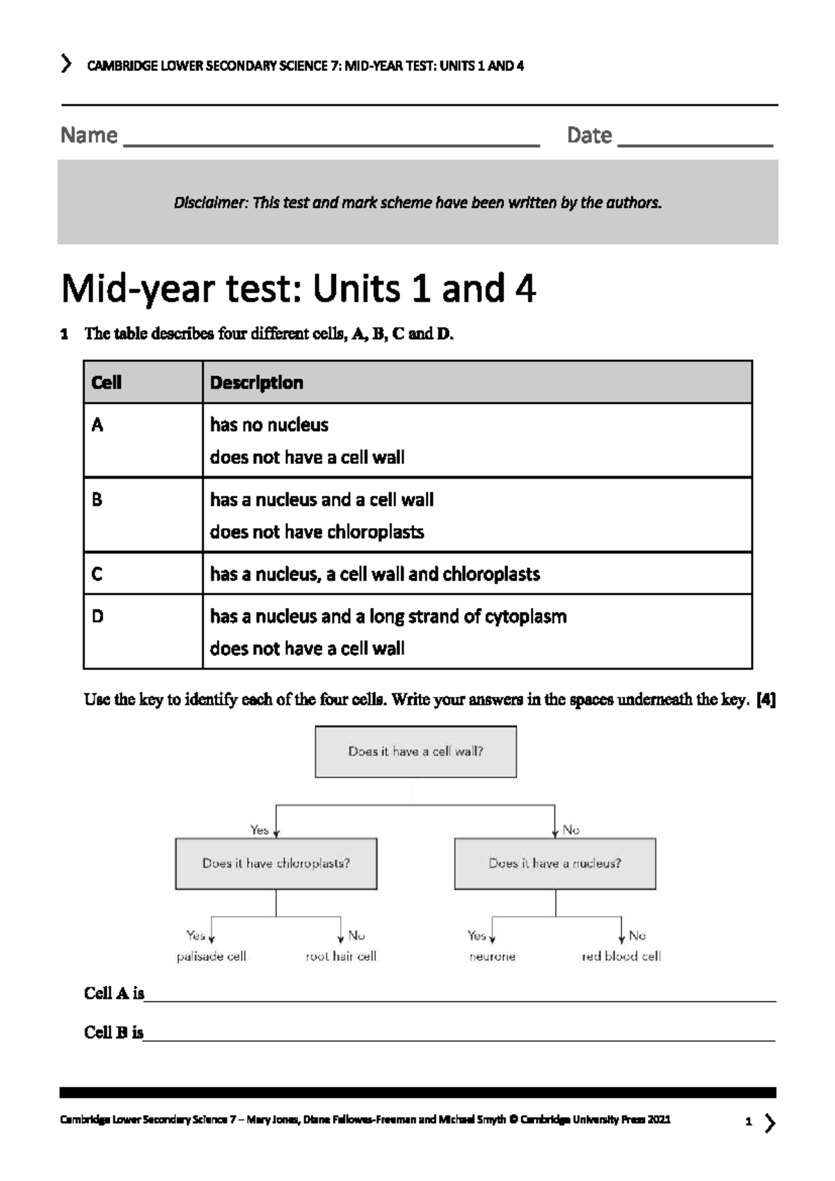CAMBRIDGE LOWER SECONDARY SCIENCE 7: TEST ON UNITS 1 & 4 - Studocu