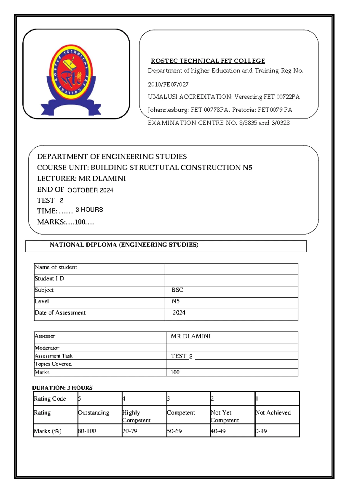 BSC N5 Test 1 - Past Paper & Memo for Building & Structural ...