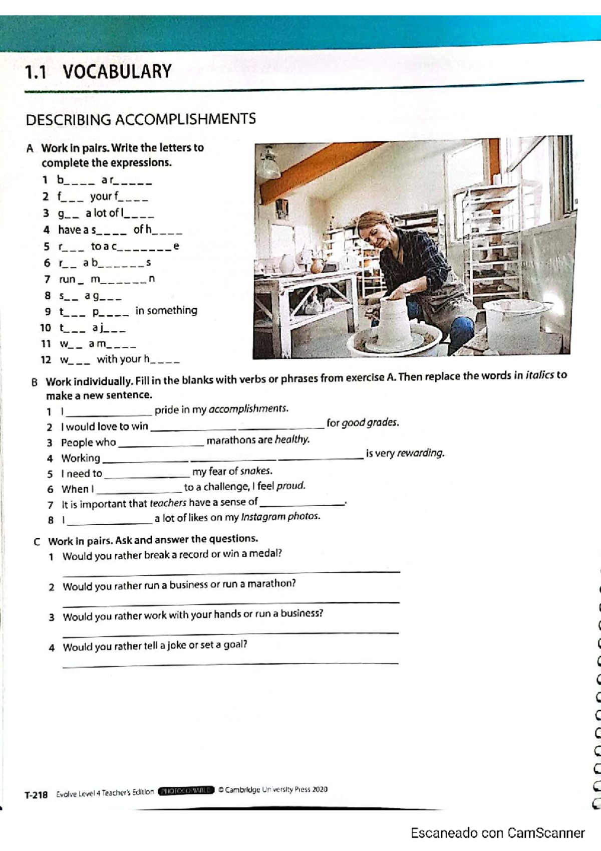 Vocabulary 1: Describing Accomplishments - Exercises & Activities - Studocu