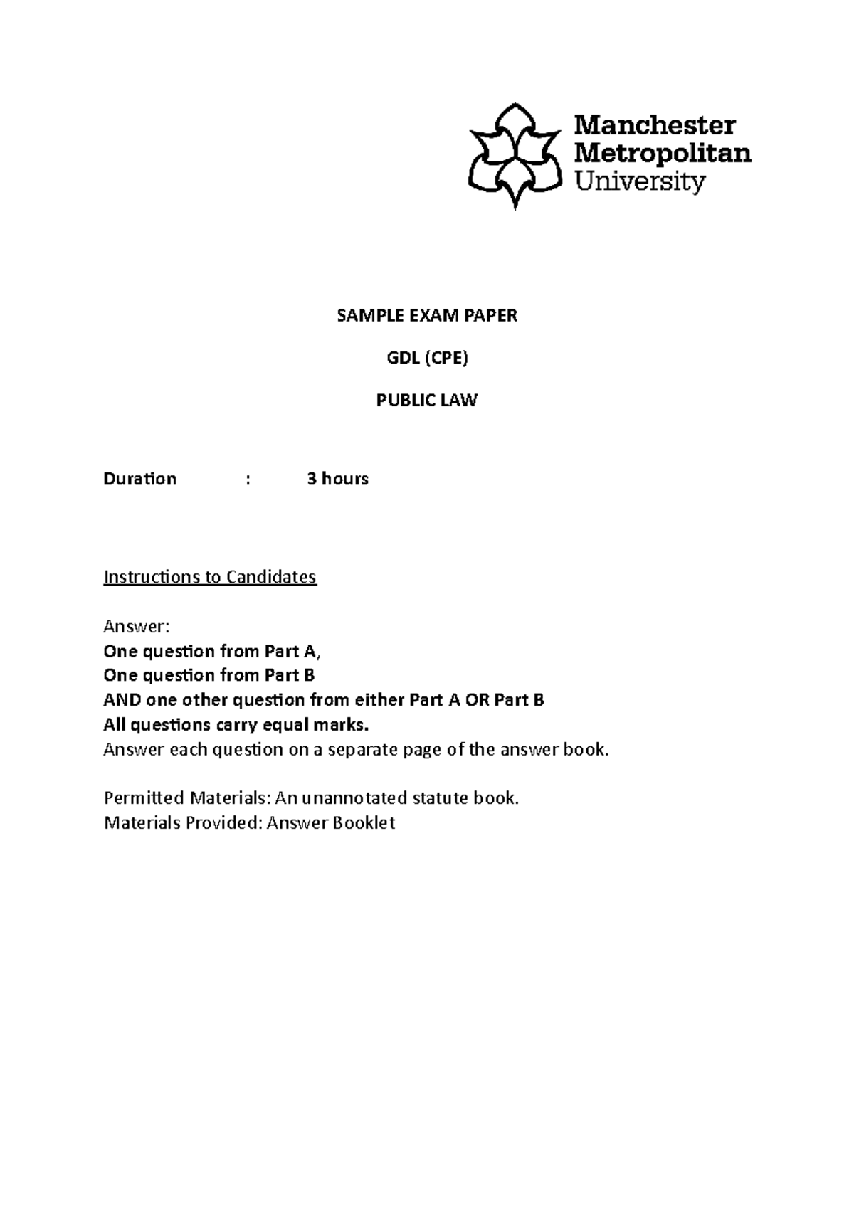 GDL (CPE) Final Exam: Public Law Sample Questions & Instructions - Document Preview