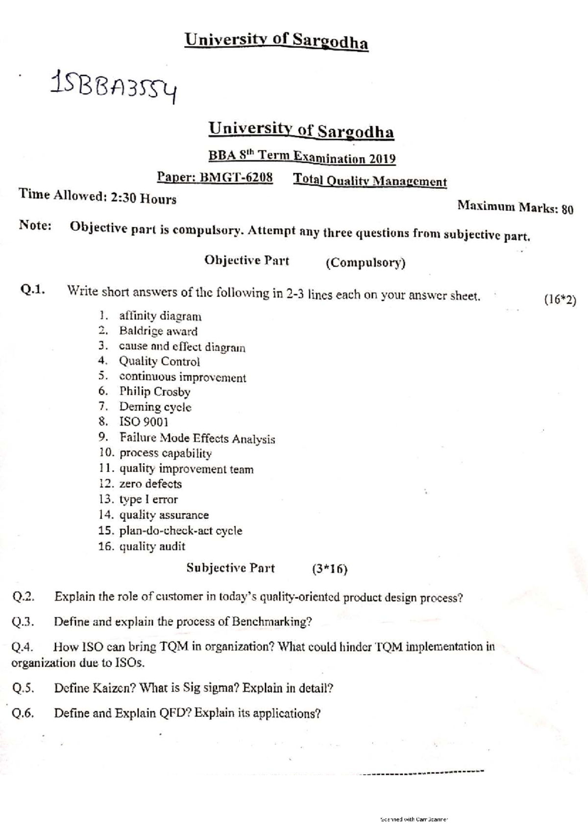 15BBA3554 University of Sargodha BBA 8th Term Past Exam Papers 2019 ...