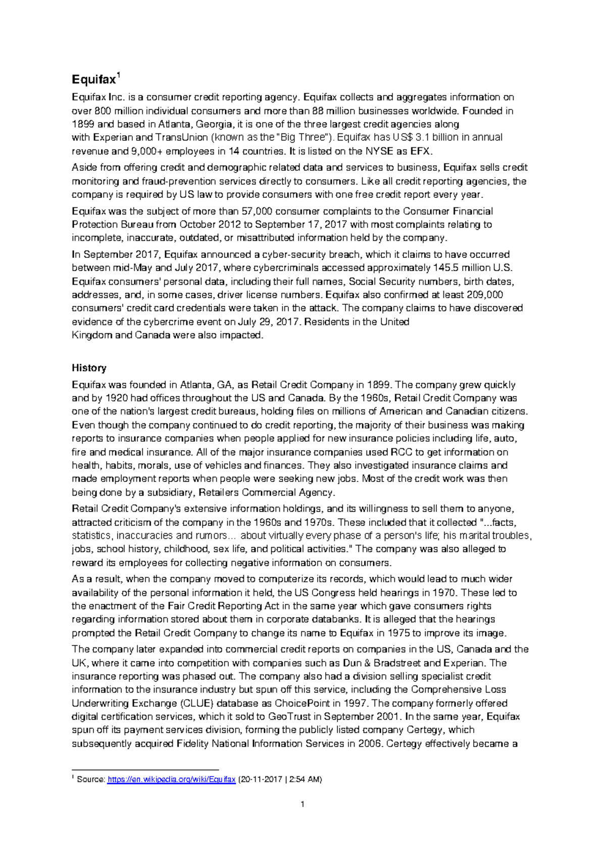 Equifax: Overview, History, and 2017 Data Breach Analysis - ICAIS ...