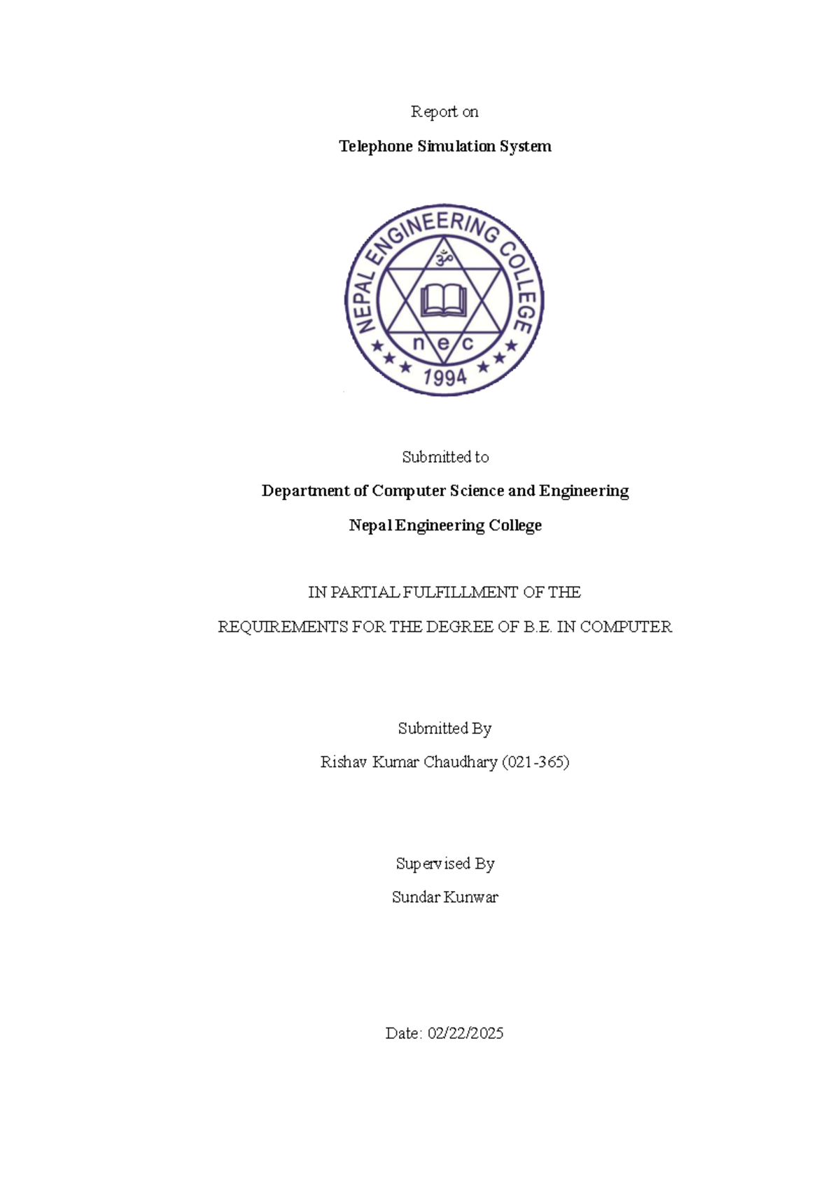 Telephone Simulation System Report for B. in Computer Science - Studocu