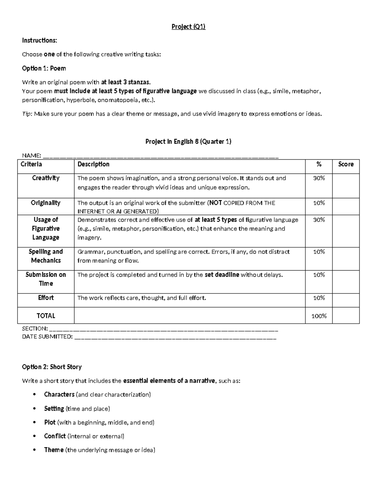 Creative Writing Project (Q1) Instructions for English 8 - Studocu