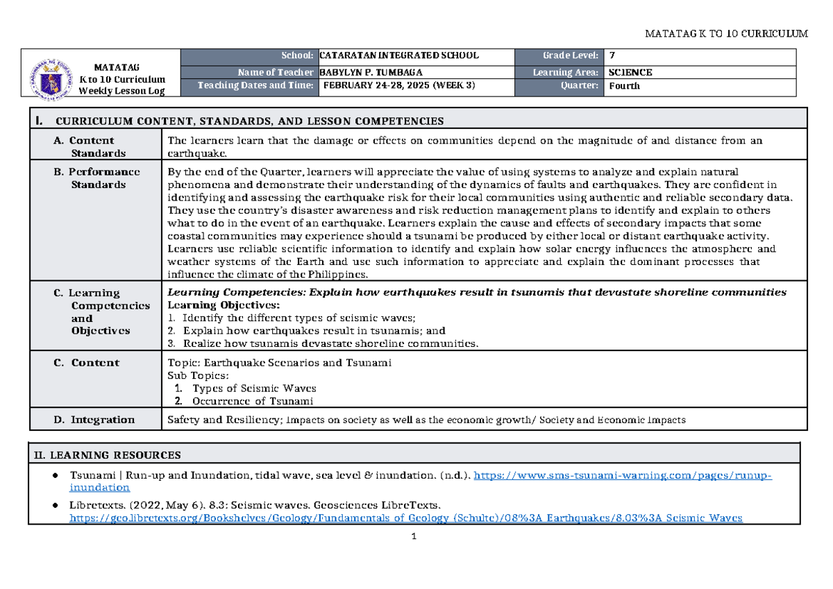 DLL Matatag Science 7 Q4 W3 - MATATAG K to 10 Curriculum Weekly Lesson ...