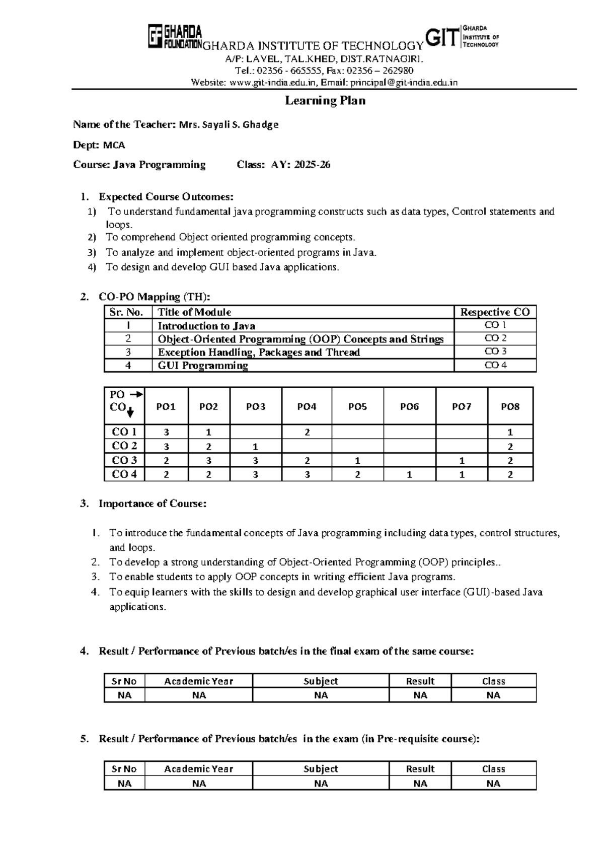 Learning Plan for Java Programming (JP) - Lecture Wise Overview - Studocu