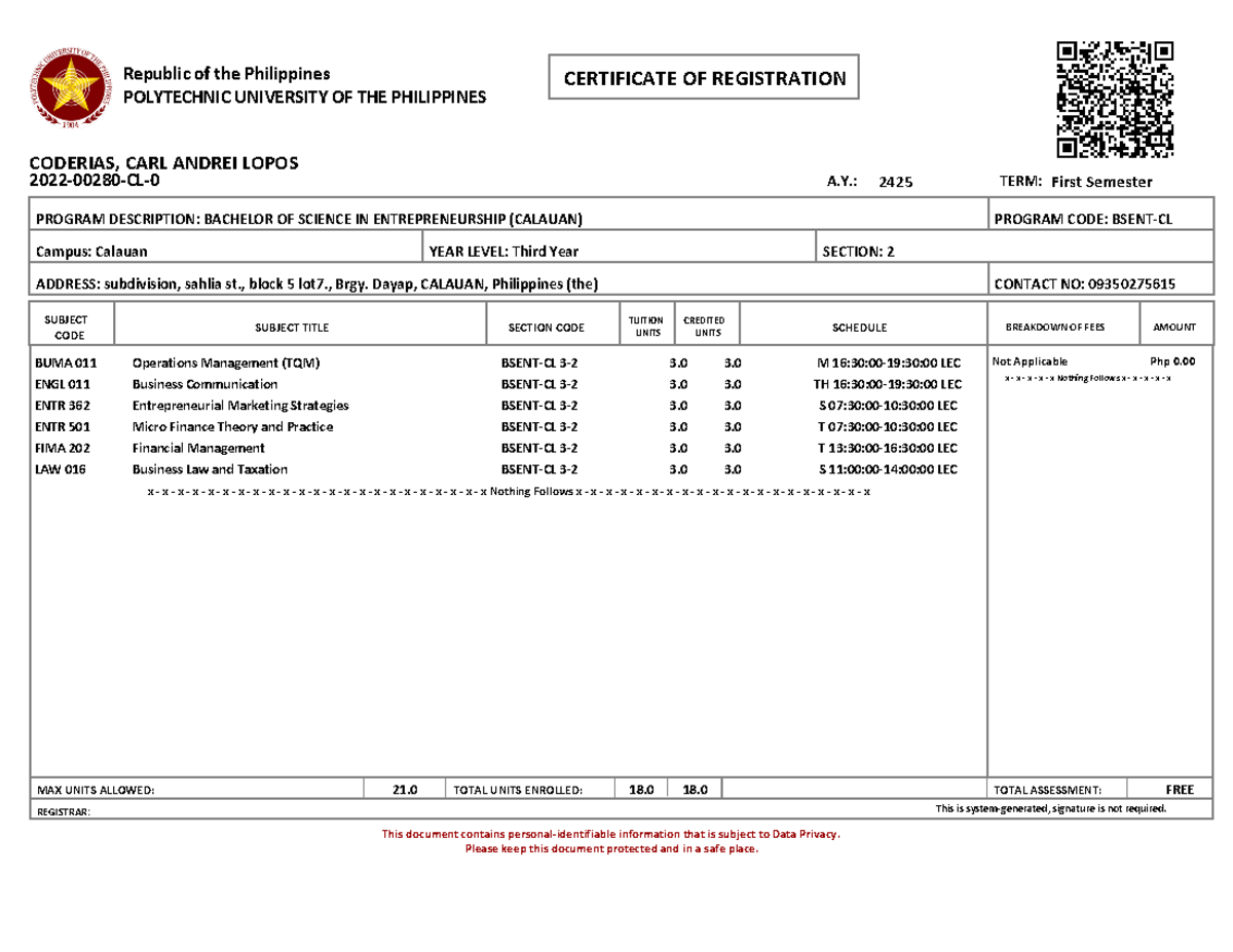 BSENT-CL Certificate of Registration for Carl Andrei L. Coderias - Studocu