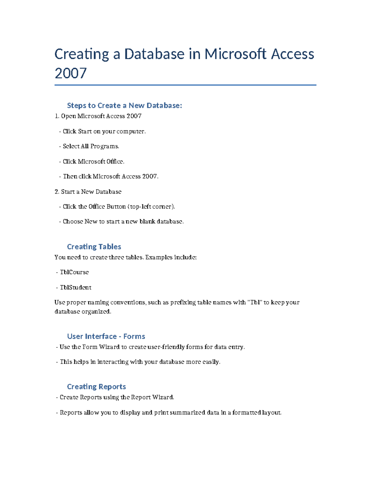 Creating a Database in MS Access 2007: Step-by-Step Guide - Studocu