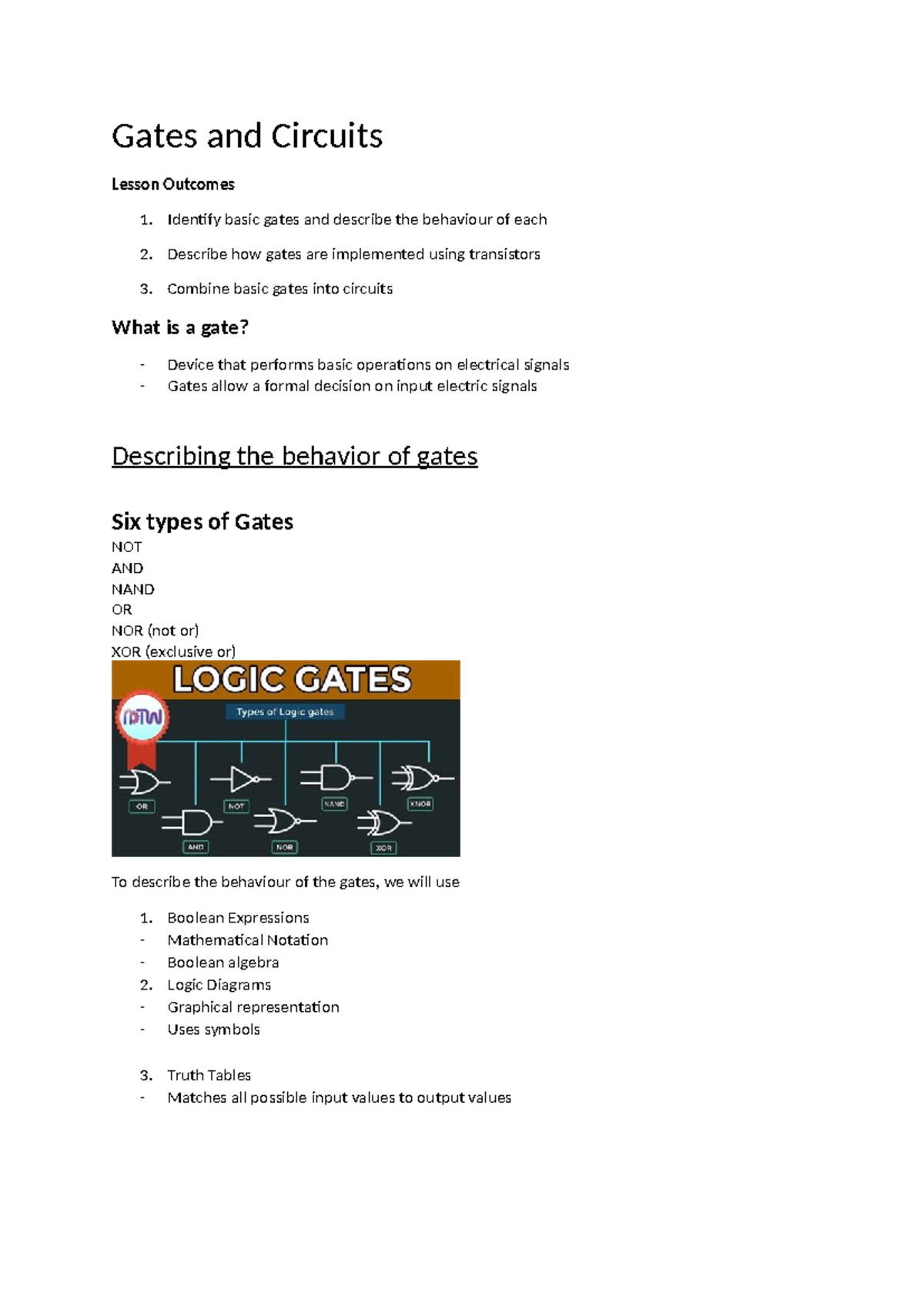 Gates and Circuits Lesson Notes and Questions for BCO - Studocu