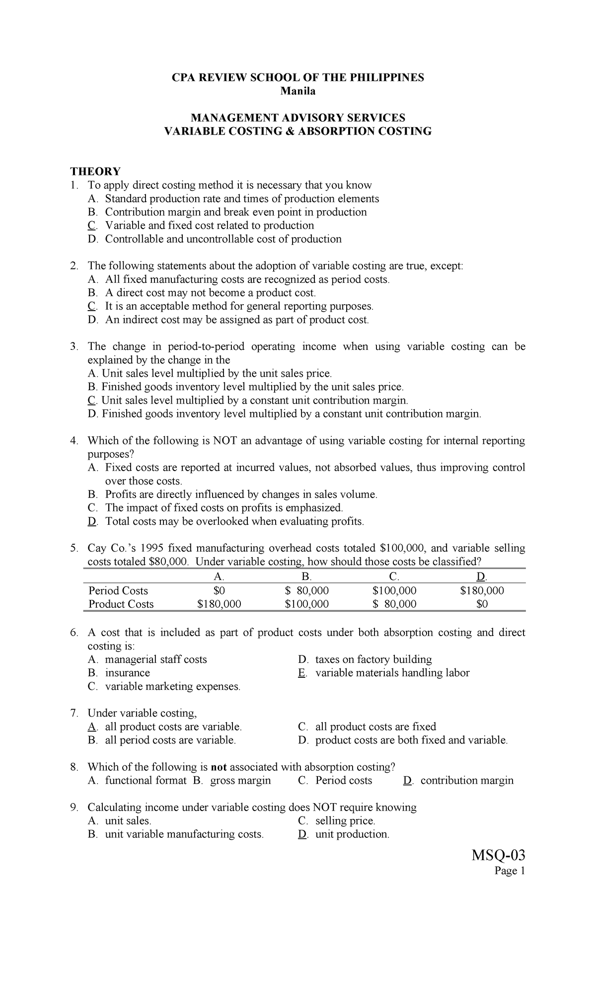 CPA 12: Variable vs Absorption Costing in Management Advisory Services ...