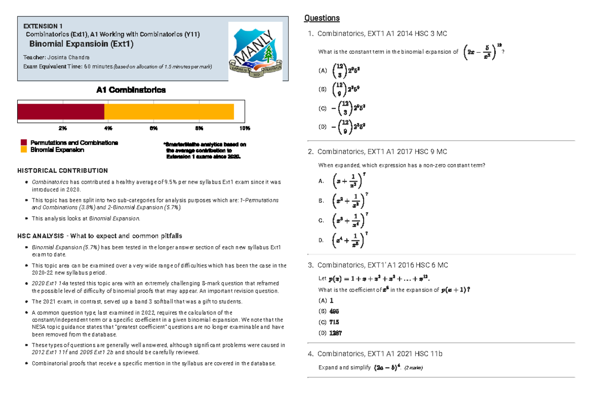 Binomial Expansion Analysis for Combinatorics (Ext1) A1 Exam Prep - Studocu