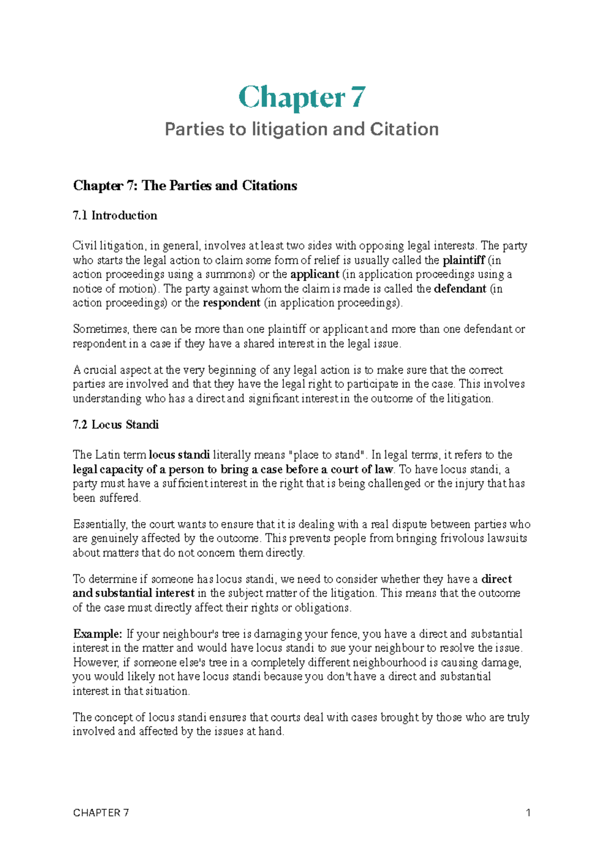 Chapter 7: Parties to Litigation and Locus Standi in Civil Law - Studocu