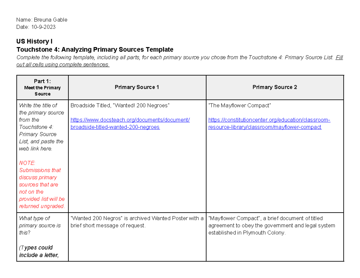 US History I Touchstone 4: Complete Analysis of Primary Sources - Studocu