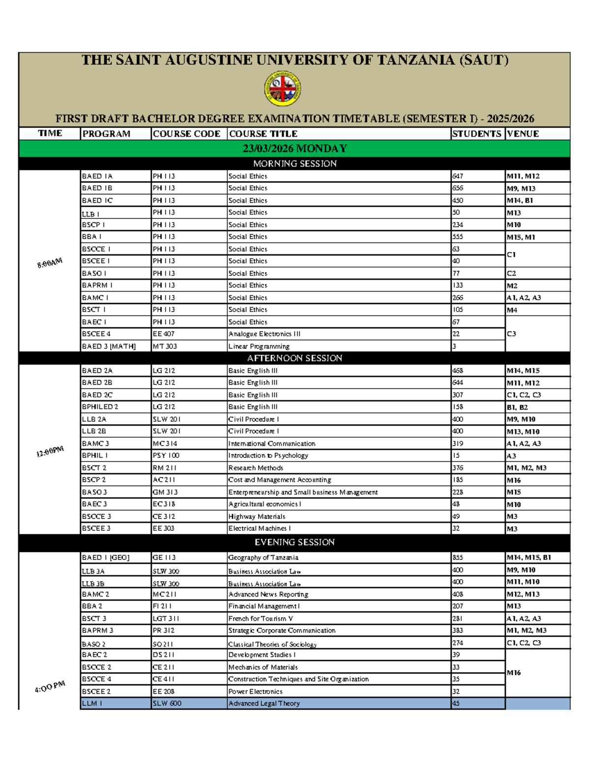 SAUT 2025-2026 Semester I First Draft Exam Timetable - Studocu