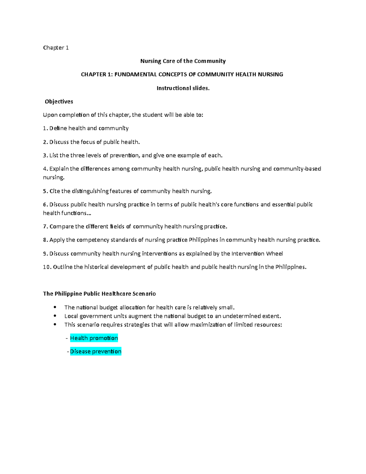Chapter 1 fundamental concepts of community health nursing - Chapter 1 ...