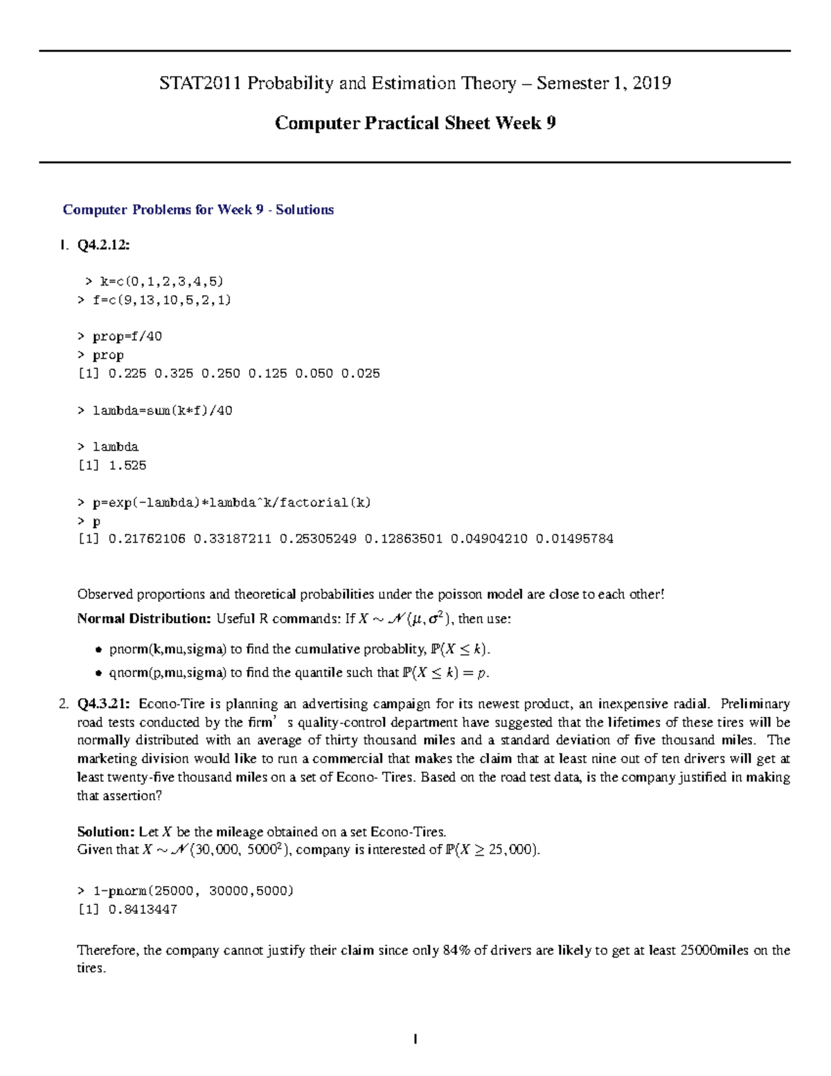 Comp09sol - Computer Lab Solutions - STAT2011 Probability and ...