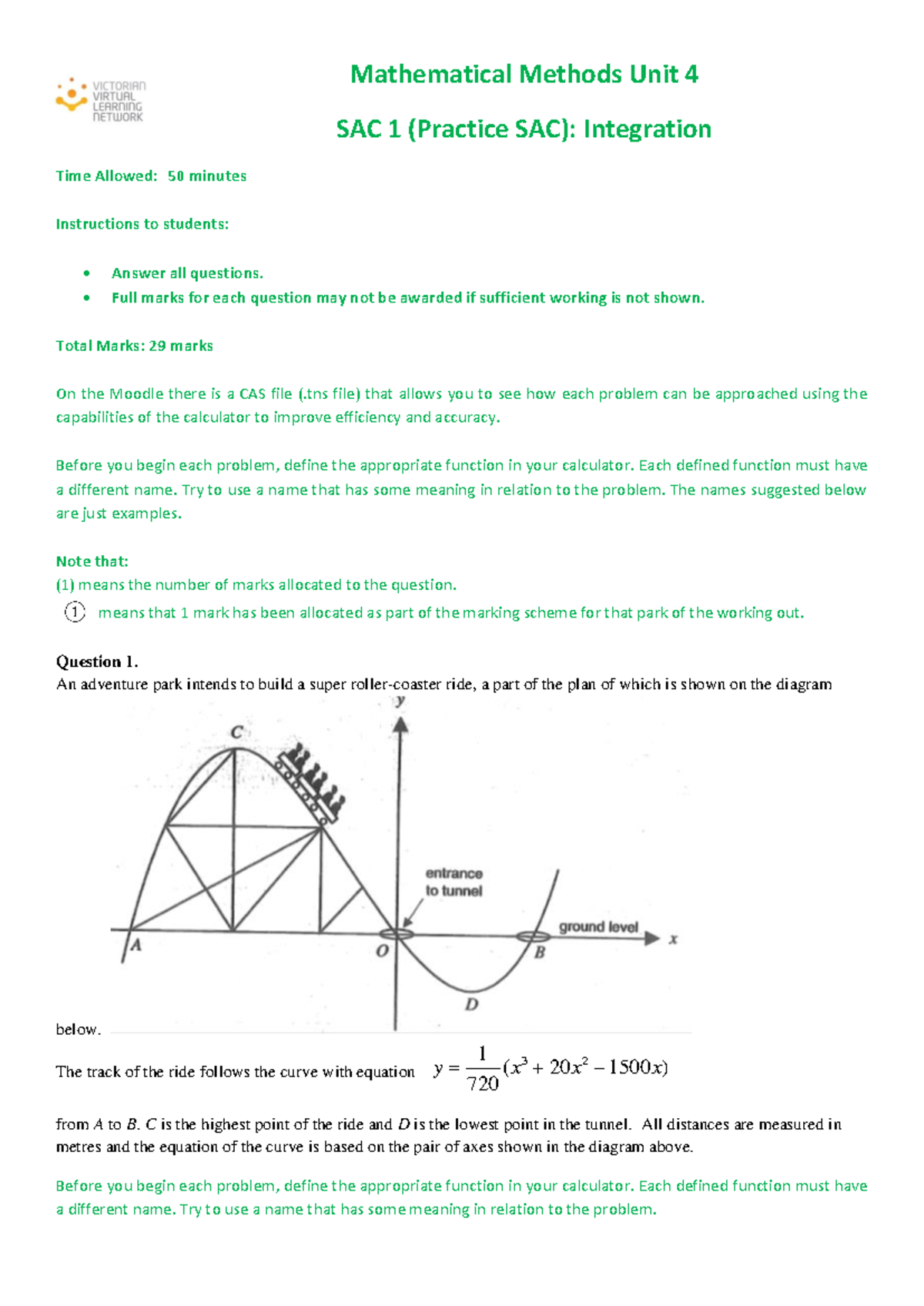 Unit 4 Mathematical Methods SAC 1 - Integration Practice Solutions ...