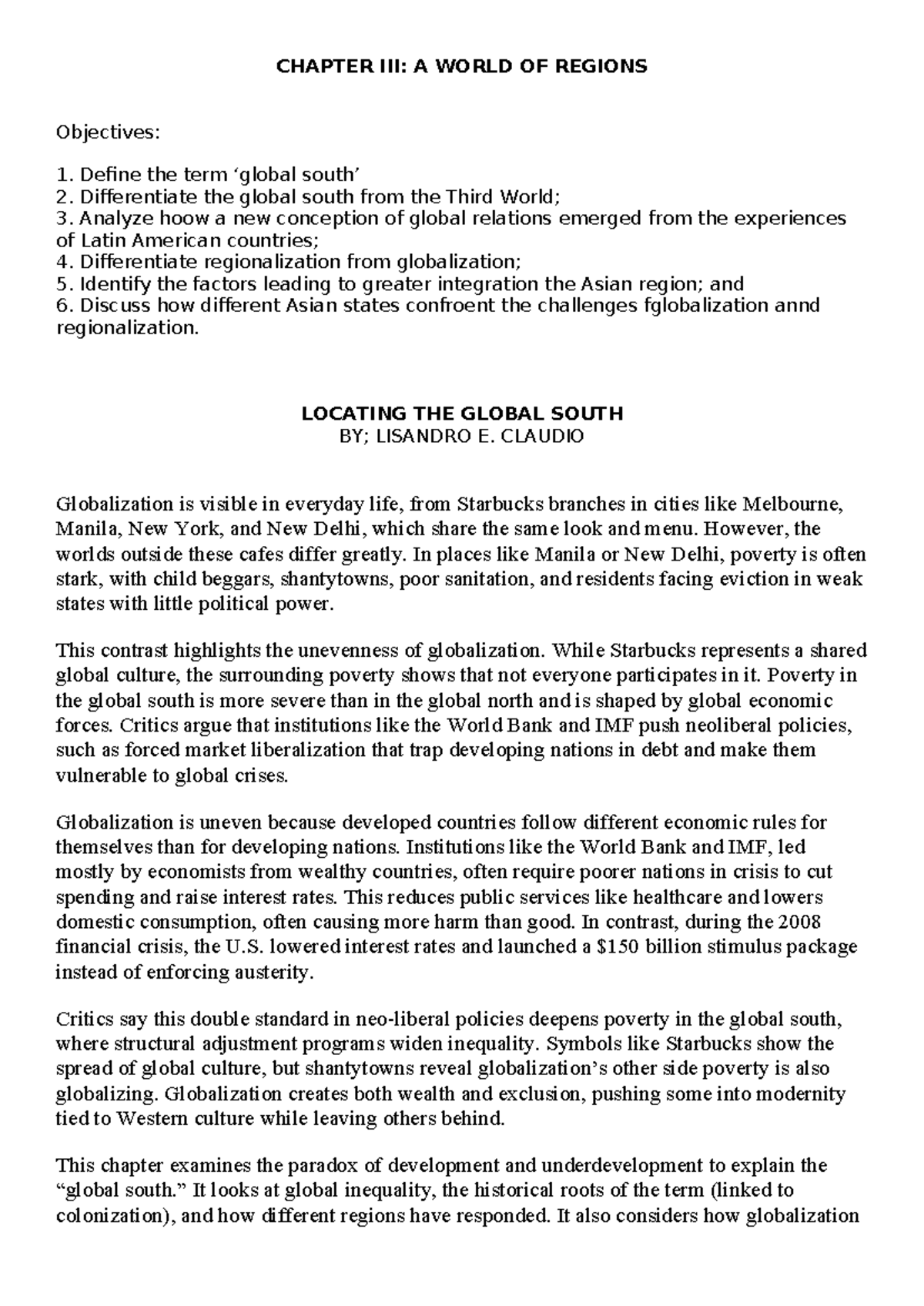 GE 102 Chapter III: Understanding Globalization and the Global South ...